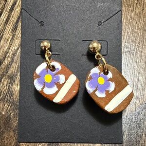MEXICANA Brown Clay Earrings with Purple Flower Accent